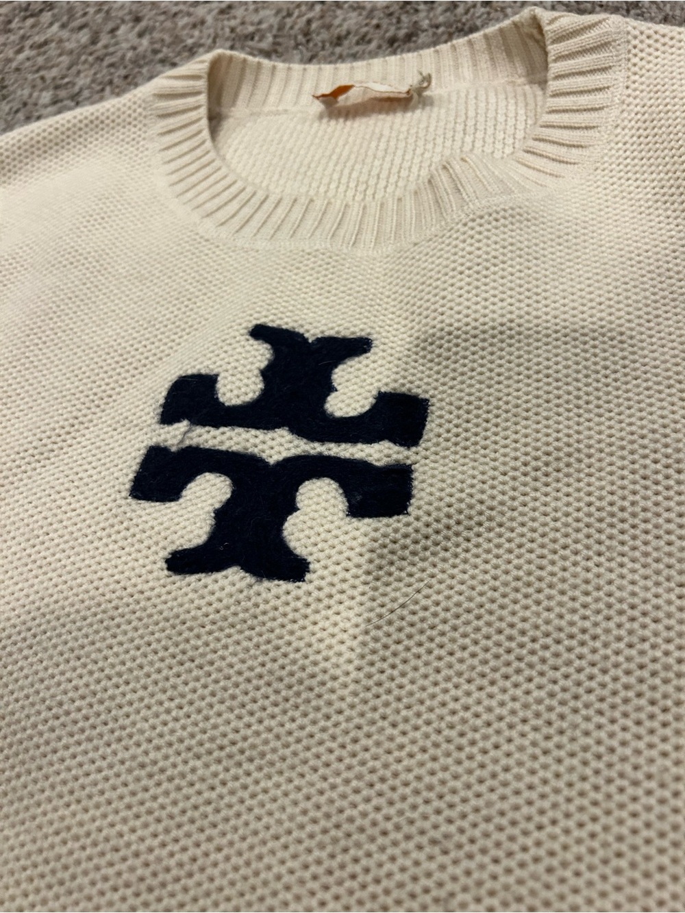 Tory Burch Cream Crewneck Sweater with Navy Logo - Picture 3 of 5